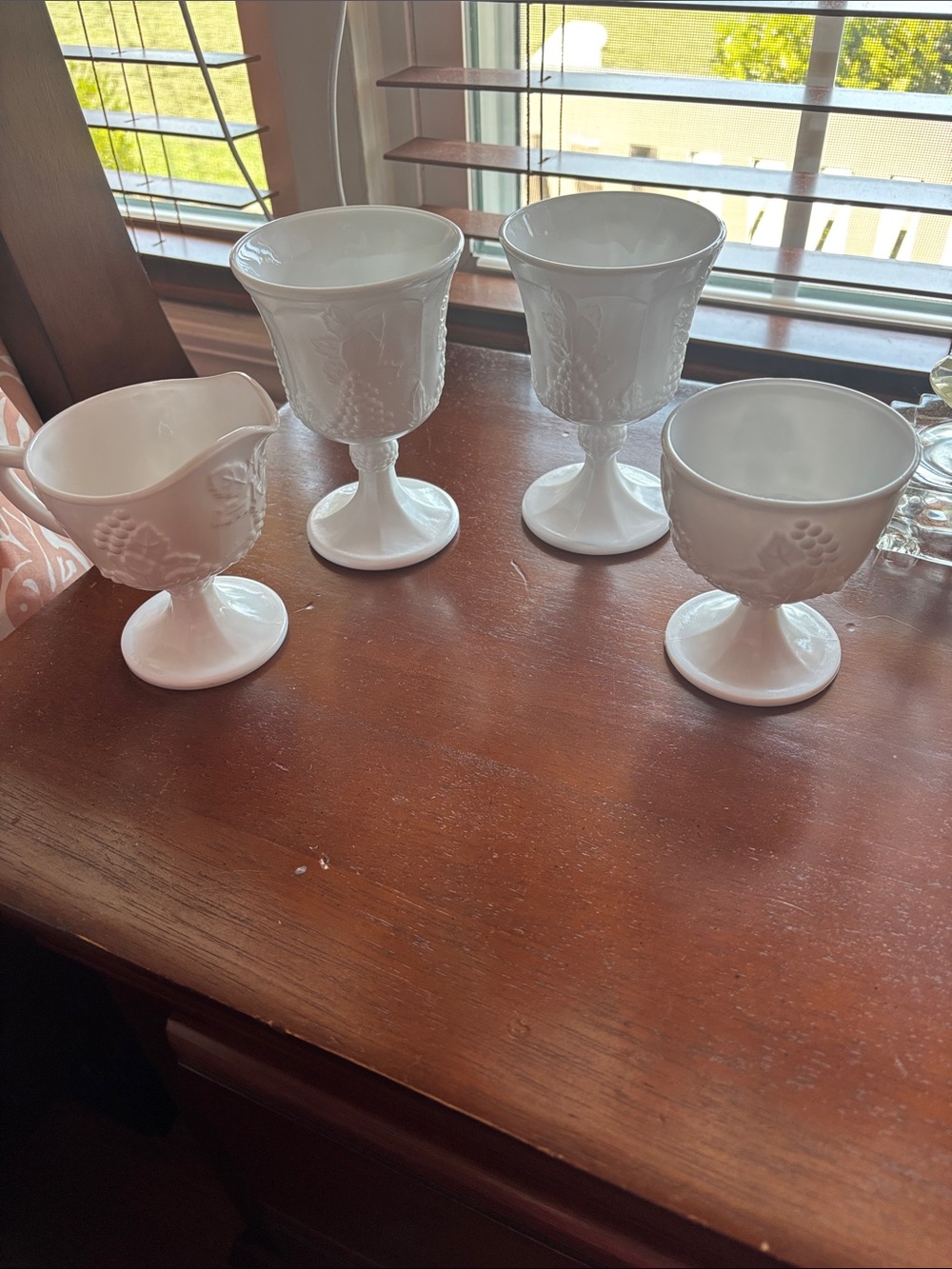 White Milk Glass Pedestal Goblets and Creamer - Elegant Home Accents